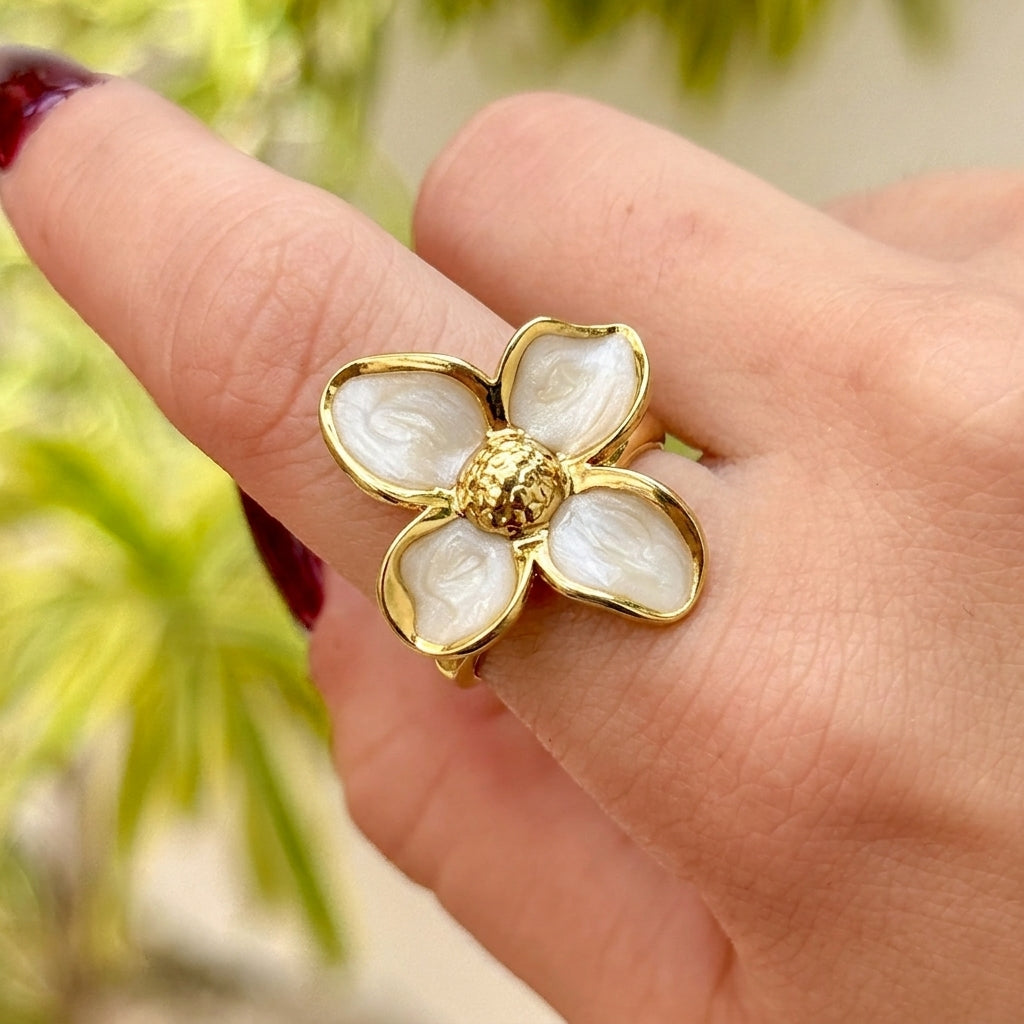 Anillo Flor Blanca Esmalte Acero Inox 0174-32