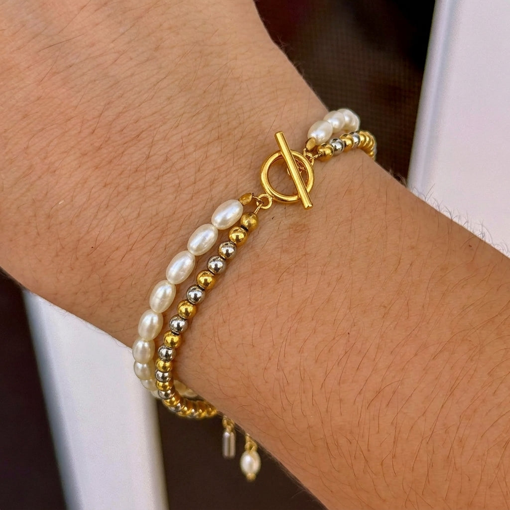 Pulsera Doble Capa Acero Inox Perlas 0600-55
