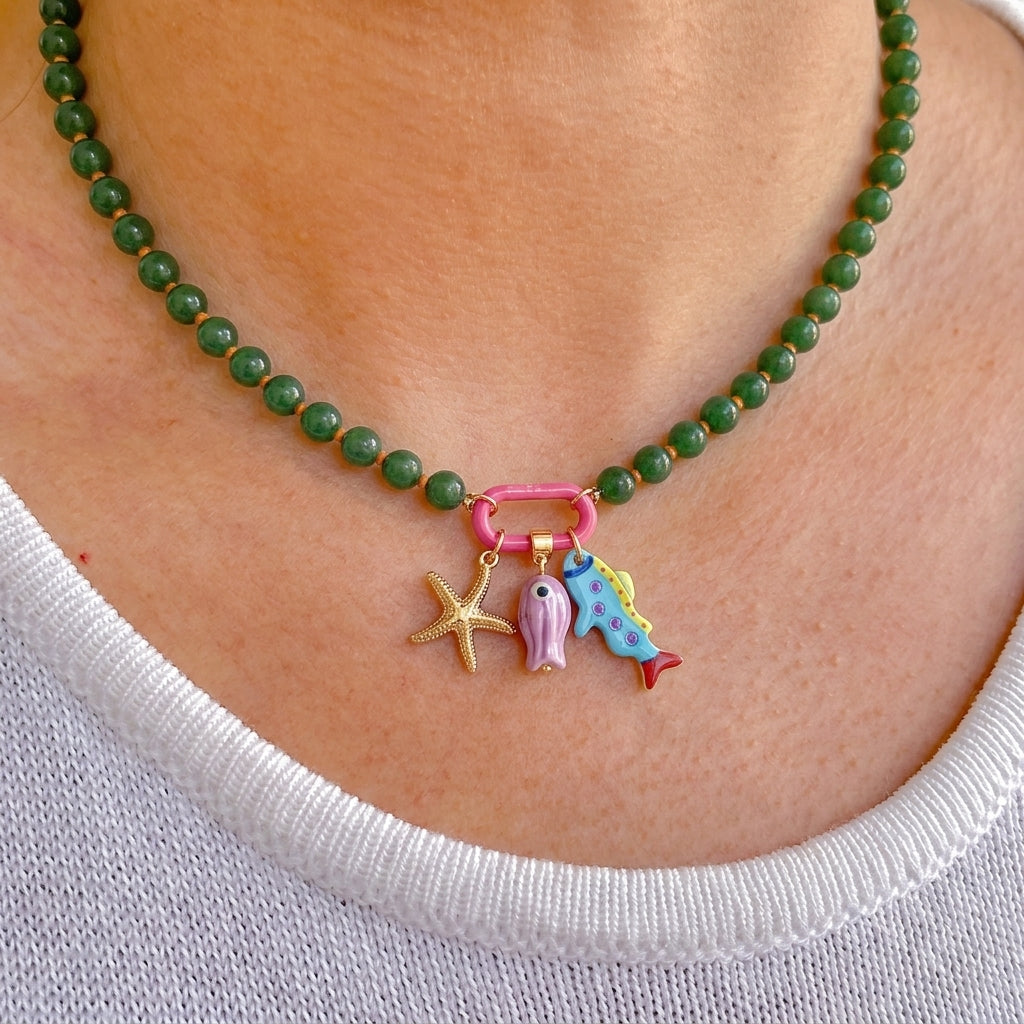 Collar Cuentas Verde Oscuro Dije Pez 3052-11