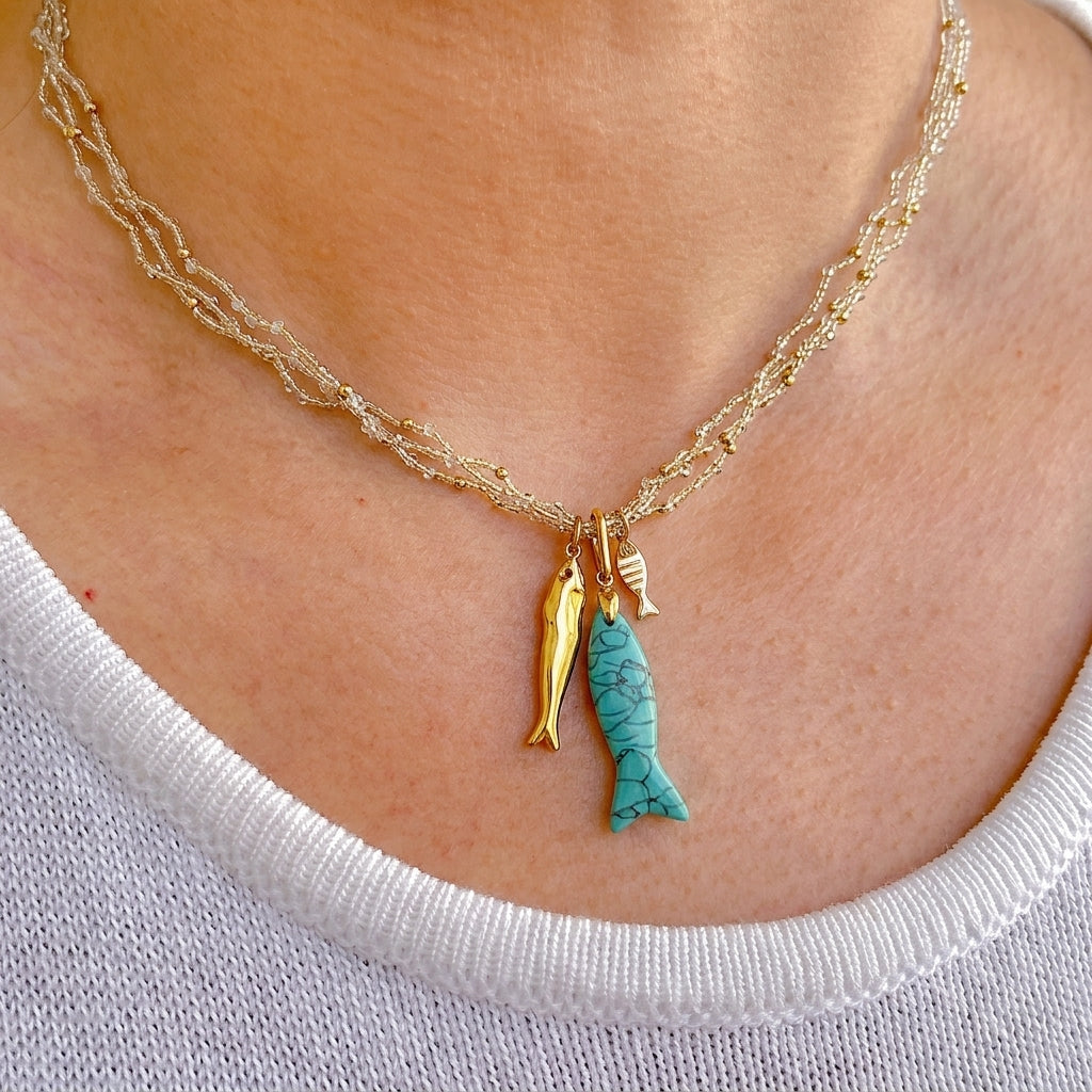 Collar Boho Dije Pez Azul Acero Inox 3052-6