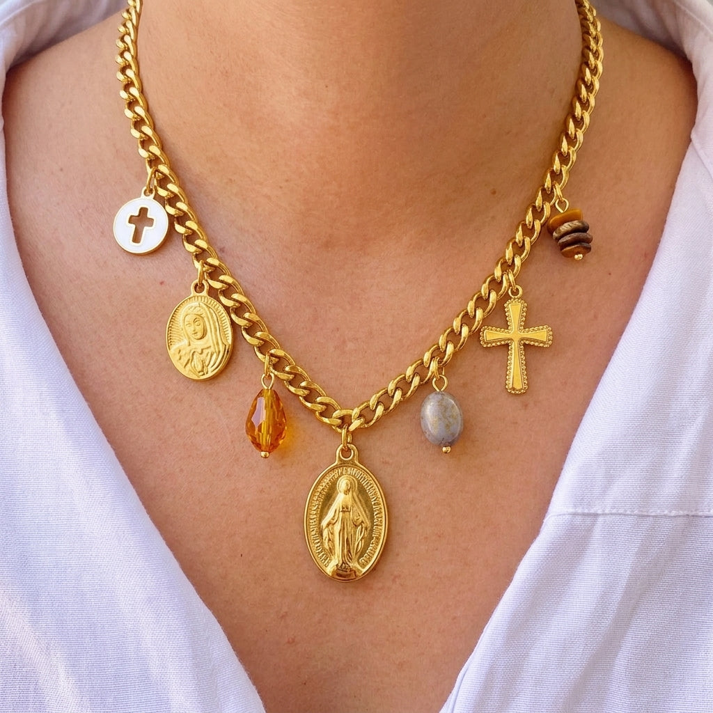 Collar Dijes Cruz Concha Acero Inox 3072-42