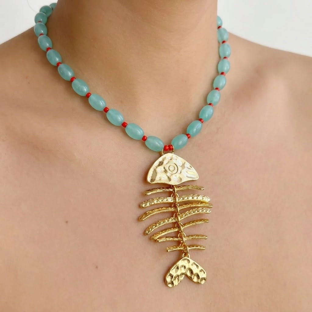 Collar Largo Cuentas Turquesa Acero Inox 3072-49