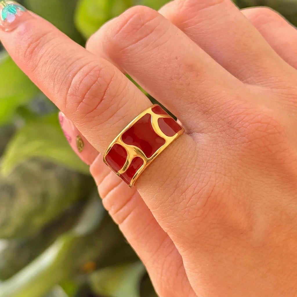Anillo Esmalte Geometrico Rojo Acero Inox 5898-16