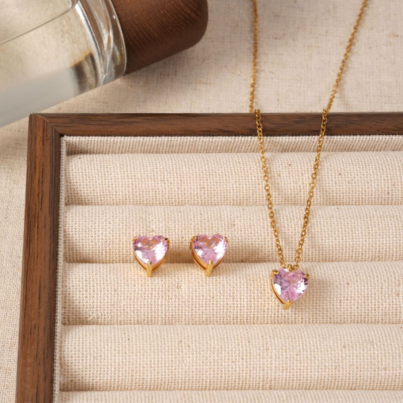 Set Collar Corazon Rosa Acero Inox 8279-57