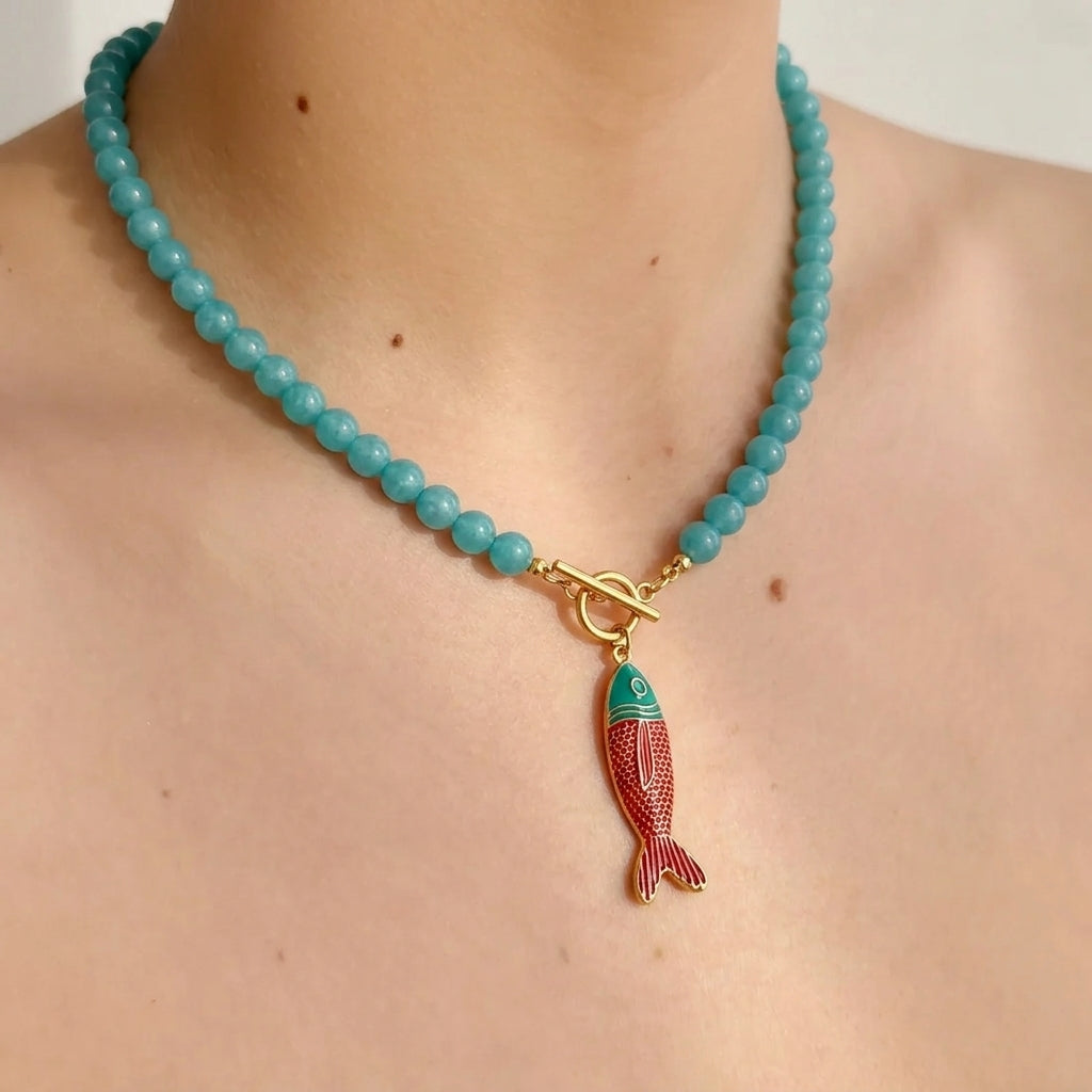 Collar Cuentas Turquesa Pez Vidrio 8279-70