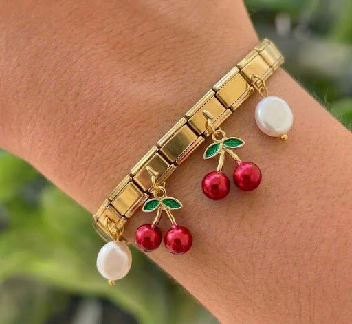 Pulsera Cerezas y Perla Acero Inoxidable