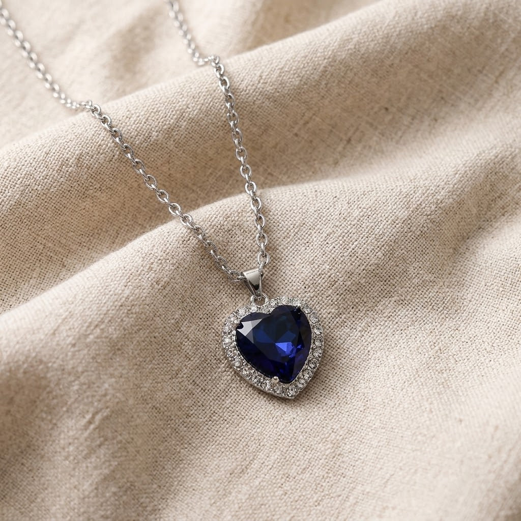 Collar Corazón Cristal Azul Acero Inoxidable