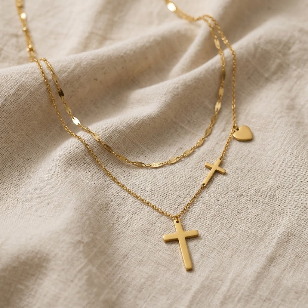 Collar Doble Cadena Cruces Acero Inoxidable