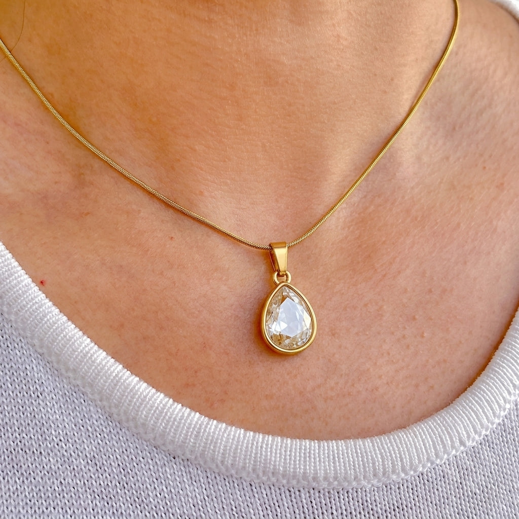 Collar Dije Gota Piedra Blanca Titanio 0174-42