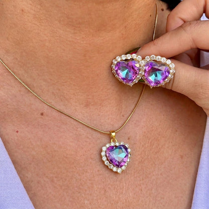 Set Collar Corazon Zirconia Morado Acero Inox 0407-9