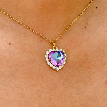 Set Collar Corazon Zirconia Morado Acero Inox 0407-9