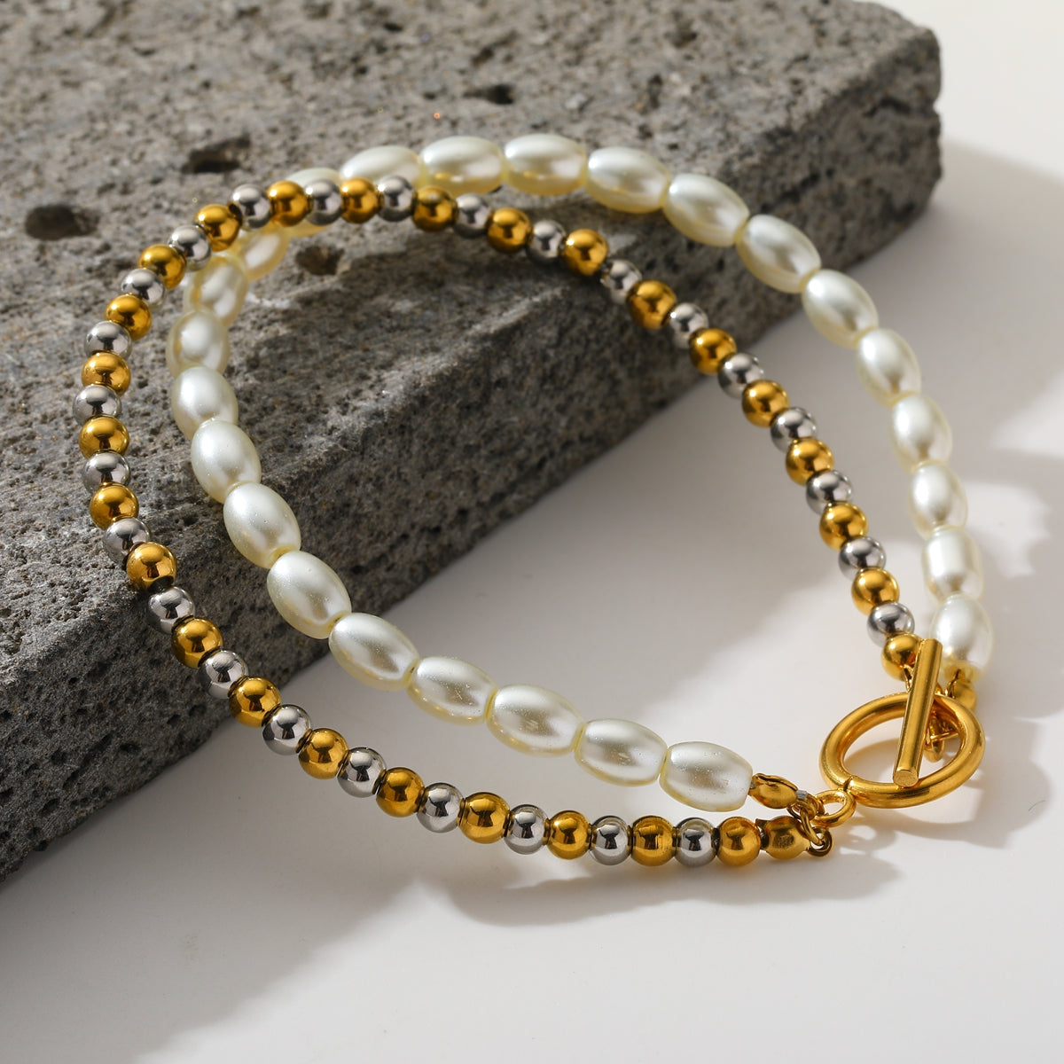 Pulsera Doble Capa Acero Inox Perlas 0600-55
