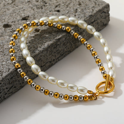Pulsera Doble Capa Acero Inox Perlas 0600-55