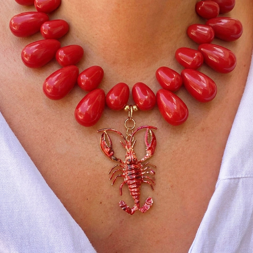 Collar Cuentas Rojo Dije Langosta 3052-12