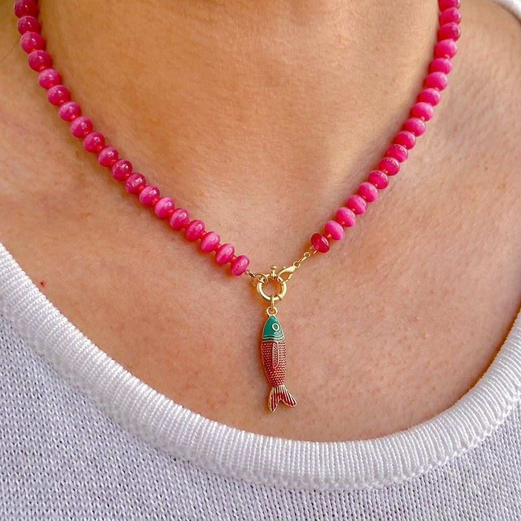 Collar Cuentas Resina Rosa Dije Pez 3052-1