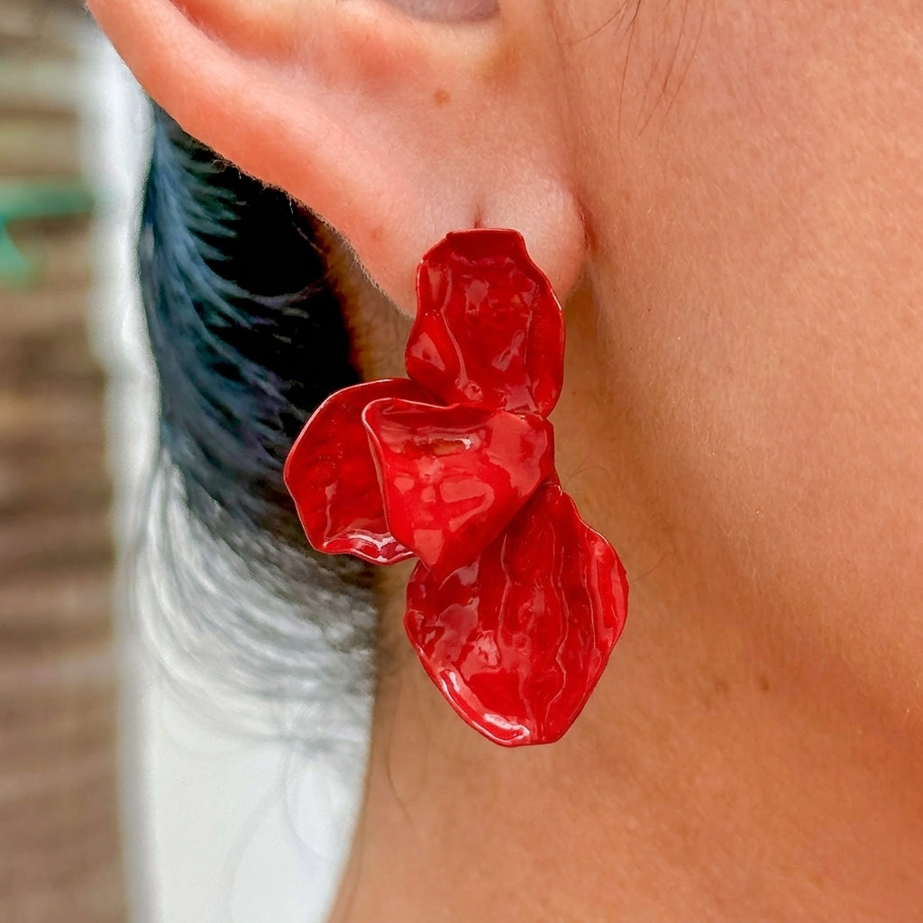 Aretes Flor Grande Resina Roja Aleacion 3052-3