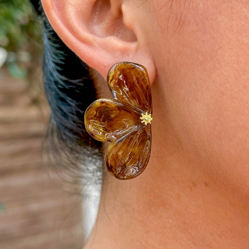 Aretes Flor Grande Resina Ambar Aleacion 3052-4