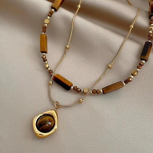 Collar Cuentas Doradas Medallon Acero Inox 3052-8