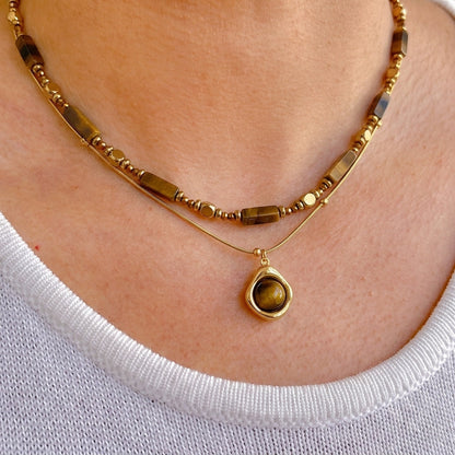 Collar Cuentas Doradas Medallon Acero Inox 3052-8