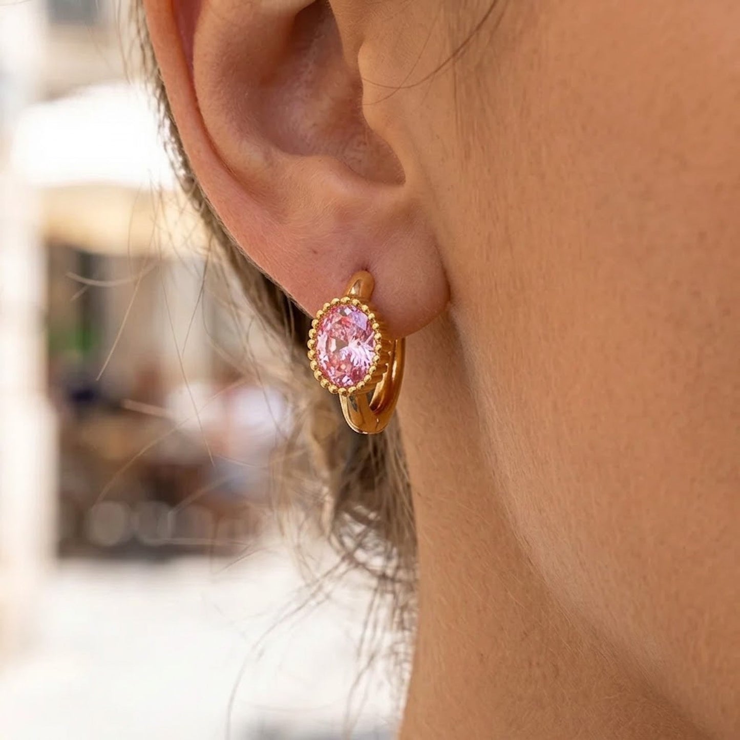 Aretes Piedra Rosa Acero Inox 3110-11