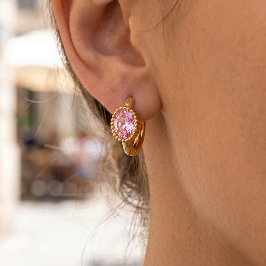 Aretes Piedra Rosa Acero Inox 3110-11
