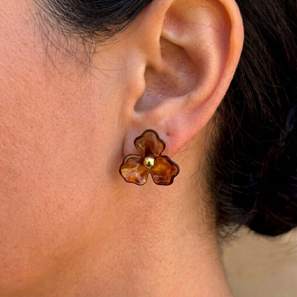 Aretes Flores Piedra Ambar Acero Inox 3543-6