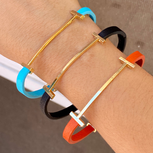 Pulsera Chapa De Oro + Cuero 4147-59
