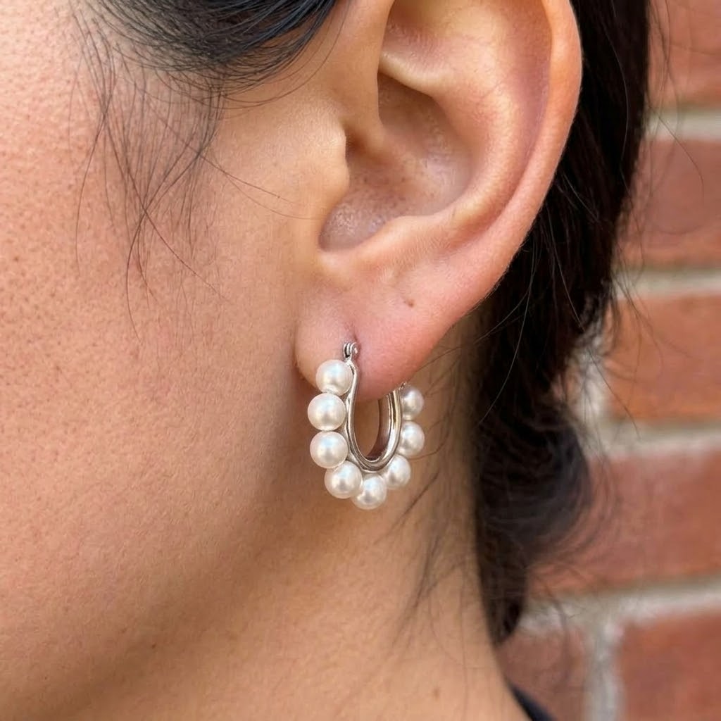 Aretes Argolla Perlas Acero Inox