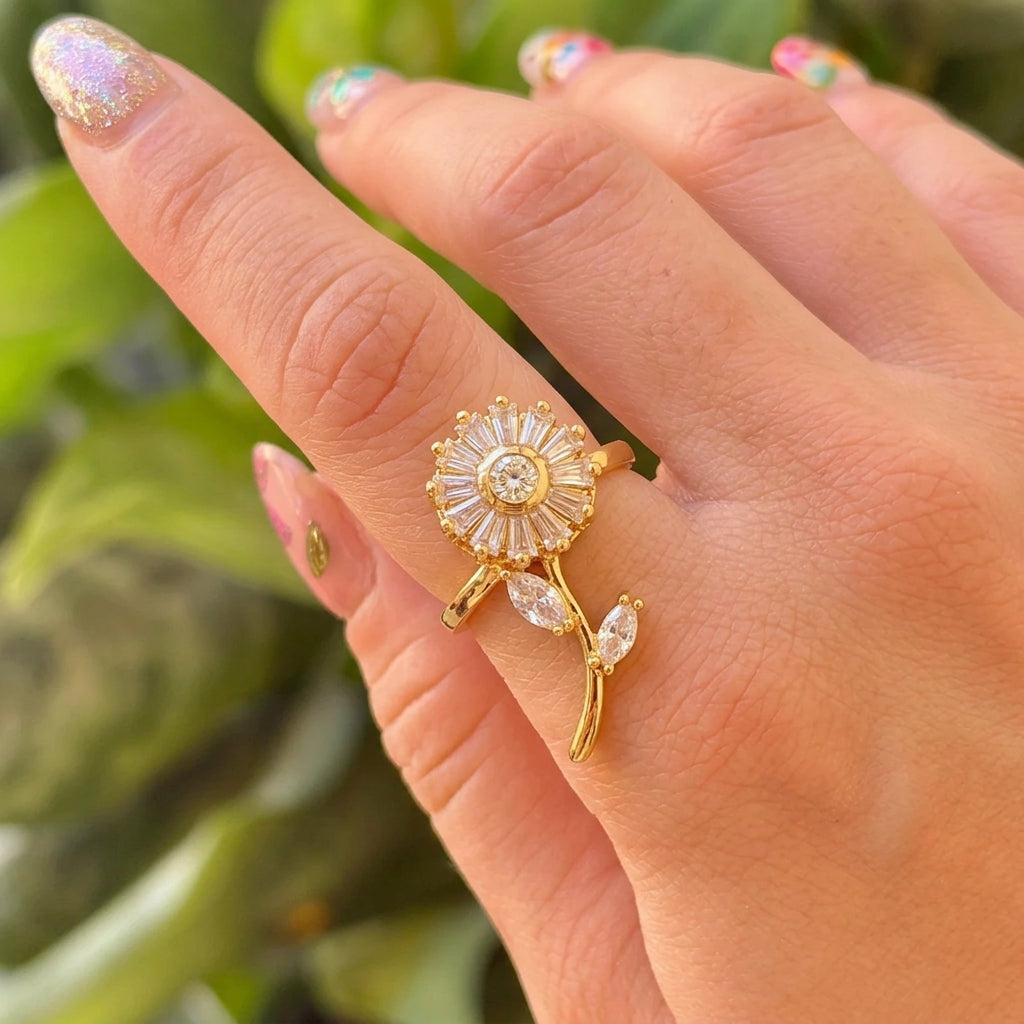 Anillo Flor Zirconia Hojas Chapa 18K 8279-164