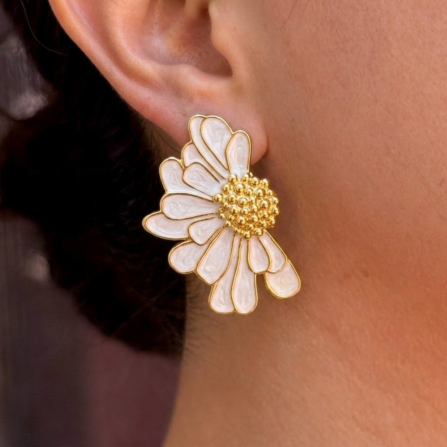 Aretes Flor Blanca Grande Acero Inox 8279-34