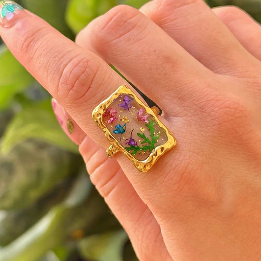 Anillo Rectangular Flor Esmalte Acero Inox 8279-35