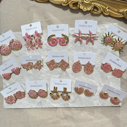 Aretes Esmalte Rosa 304L Acero Inox